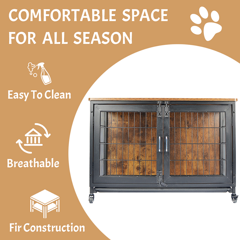 Tekerlekler ile ahşap mobilya tarzı köpek kafesi Tekerlekler ile ahşap mobilya tarzı köpek kafesi