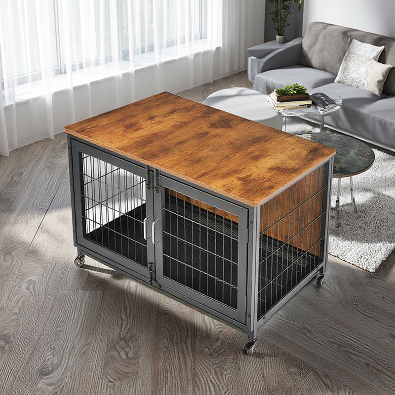 Tekerlekler ile ahşap mobilya tarzı köpek kafesi Tekerlekler ile ahşap mobilya tarzı köpek kafesi