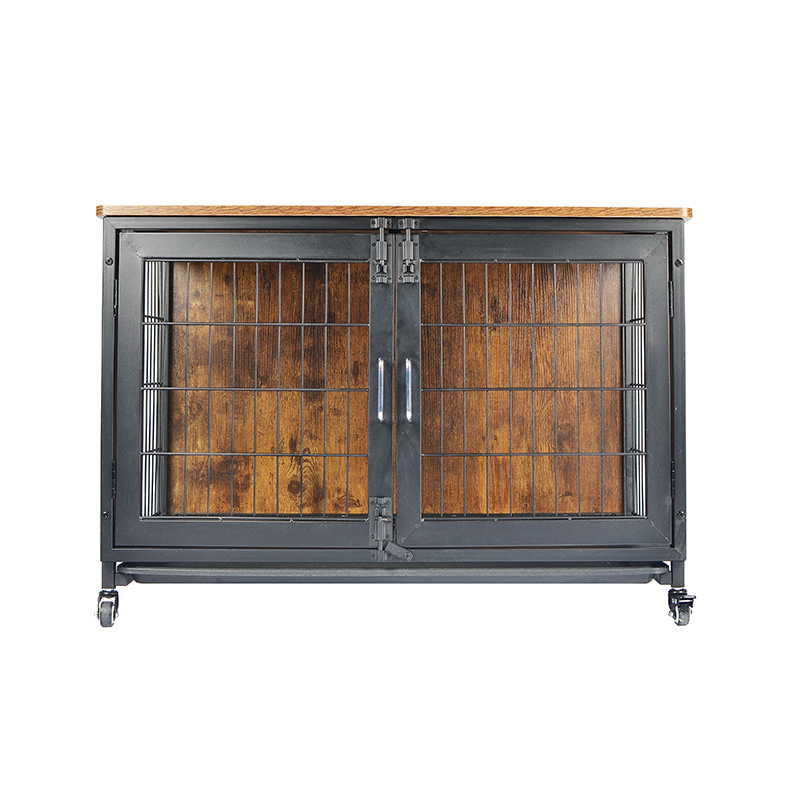 Tekerlekler ile ahşap mobilya tarzı köpek kafesi Tekerlekler ile ahşap mobilya tarzı köpek kafesi