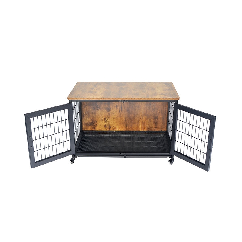 Tekerlekler ile ahşap mobilya tarzı köpek kafesi Tekerlekler ile ahşap mobilya tarzı köpek kafesi