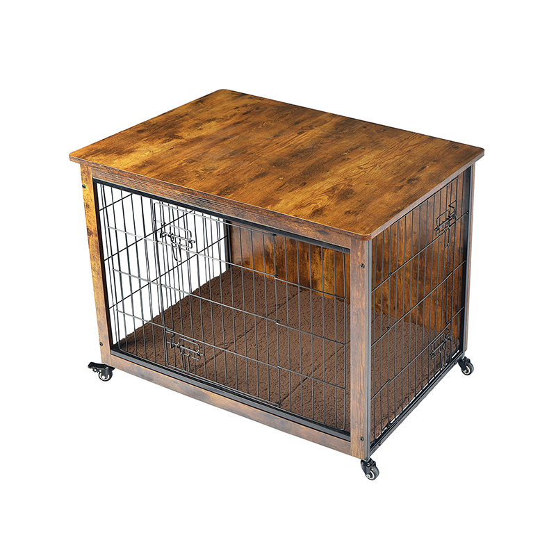 Yastık ve tekerleklerle kapalı ahşap mobilya tarzı köpek kafesi Yastık ve tekerleklerle kapalı ahşap mobilya tarzı köpek kafesi
