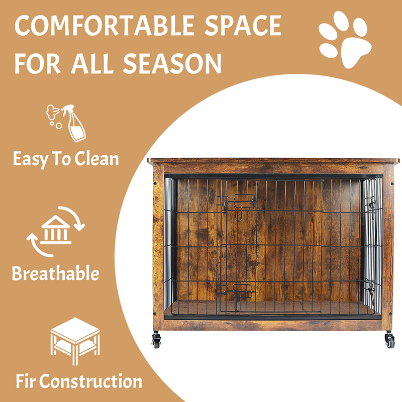 Yastık ve tekerleklerle kapalı ahşap mobilya tarzı köpek kafesi Yastık ve tekerleklerle kapalı ahşap mobilya tarzı köpek kafesi