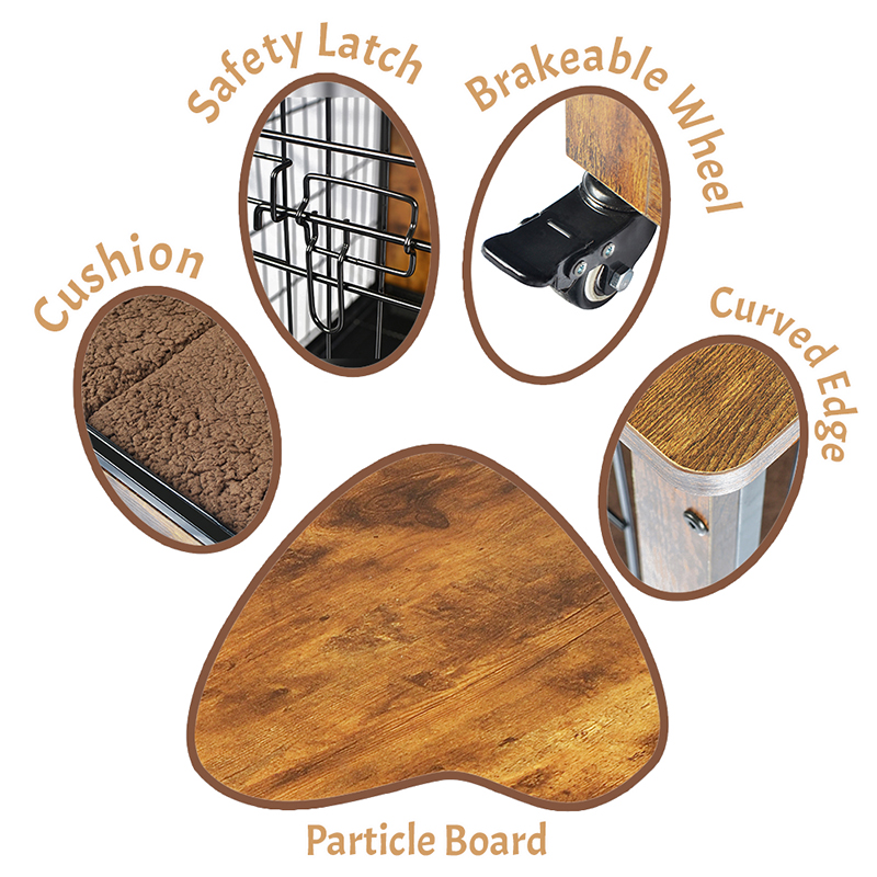 Yastık ve tekerleklerle kapalı ahşap mobilya tarzı köpek kafesi Yastık ve tekerleklerle kapalı ahşap mobilya tarzı köpek kafesi