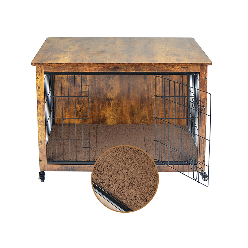 Yastık ve tekerleklerle kapalı ahşap mobilya tarzı köpek kafesi Yastık ve tekerleklerle kapalı ahşap mobilya tarzı köpek kafesi