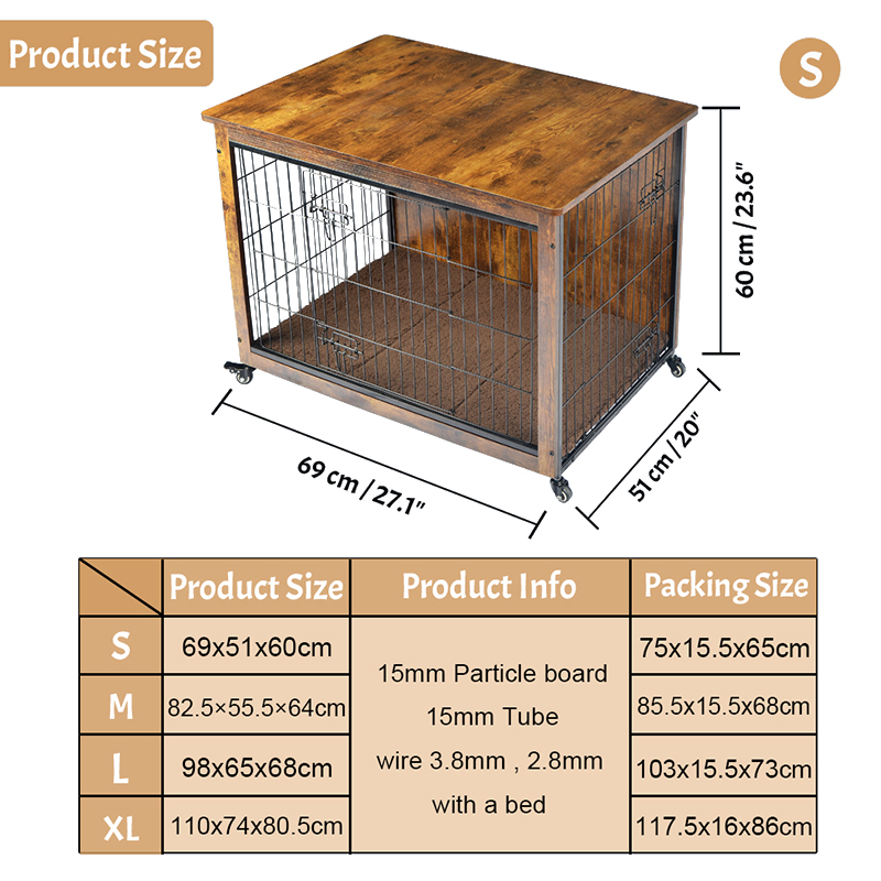 Yastık ve tekerleklerle kapalı ahşap mobilya tarzı köpek kafesi Yastık ve tekerleklerle kapalı ahşap mobilya tarzı köpek kafesi