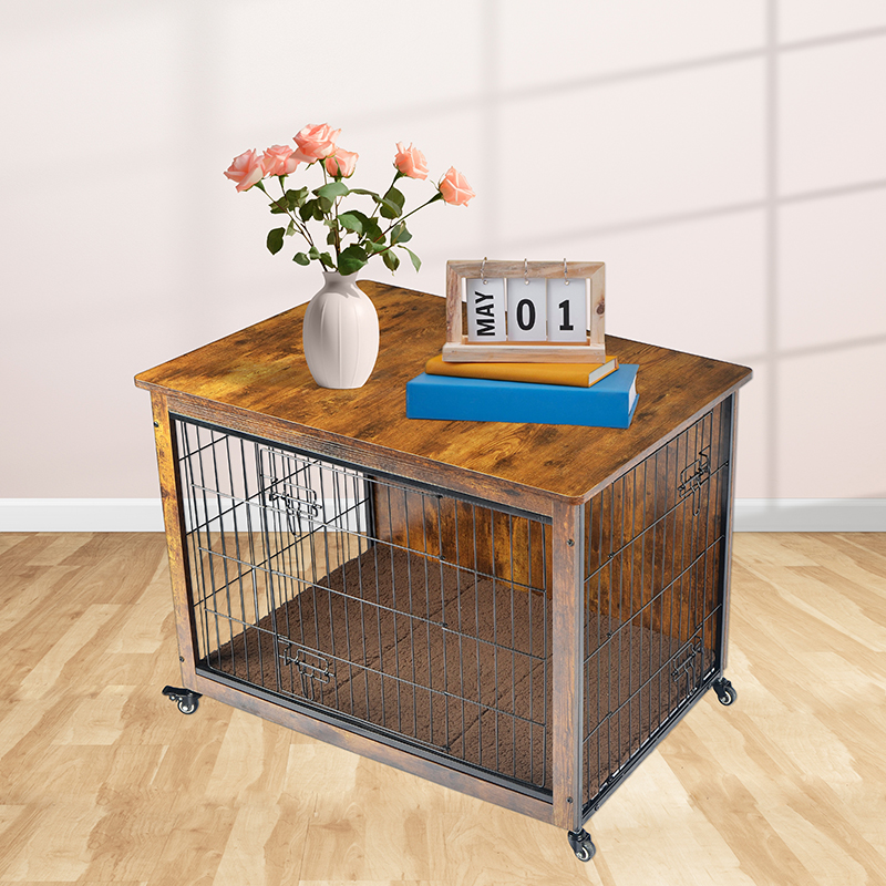 Yastık ve tekerleklerle kapalı ahşap mobilya tarzı köpek kafesi Yastık ve tekerleklerle kapalı ahşap mobilya tarzı köpek kafesi