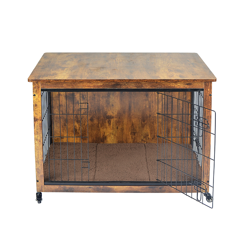 Yastık ve tekerleklerle kapalı ahşap mobilya tarzı köpek kafesi Yastık ve tekerleklerle kapalı ahşap mobilya tarzı köpek kafesi