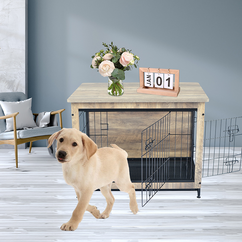 Fildişi kapalı büyük ahşap mobilya tarzı metal köpek sandığı Fildişi kapalı büyük ahşap mobilya tarzı metal köpek sandığı