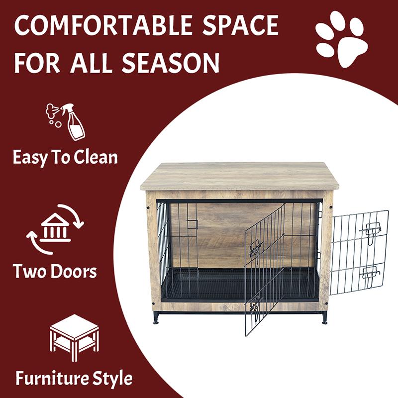 Fildişi kapalı büyük ahşap mobilya tarzı metal köpek sandığı Fildişi kapalı büyük ahşap mobilya tarzı metal köpek sandığı