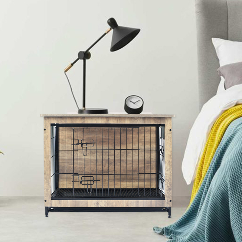Fildişi kapalı büyük ahşap mobilya tarzı metal köpek sandığı Fildişi kapalı büyük ahşap mobilya tarzı metal köpek sandığı